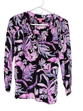 Lilly Pulitzer Black Blouse with Pink & Lavender Floral Print